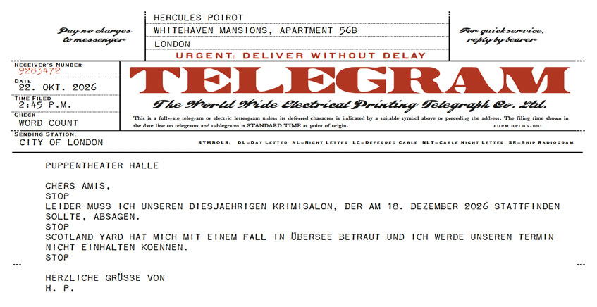 Abbildung eines Telegramms von „Hercules Poirot“